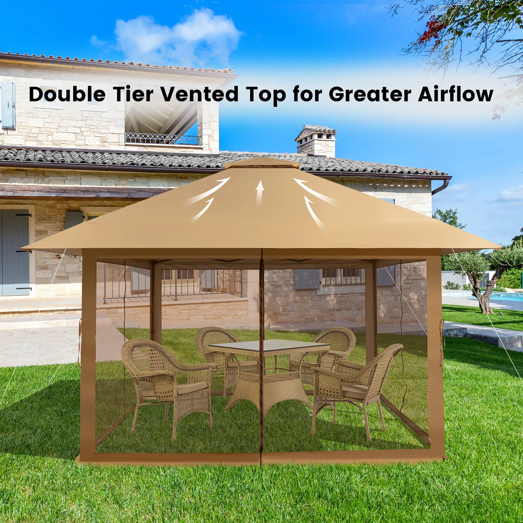Costway 13x13ft Pop-up Instant Canopy Tent Mesh Sidewall UV50+ Adjust Outdoor Patio Khaki