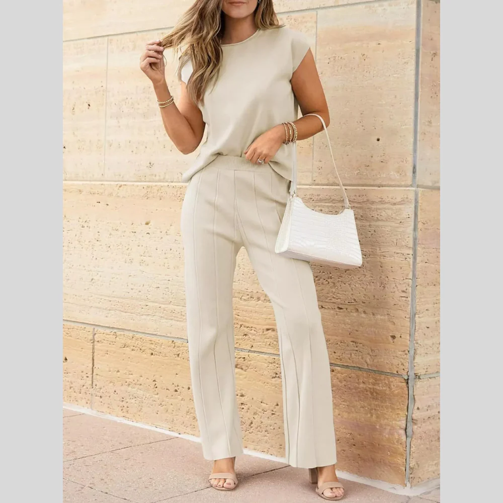 Solid Knit Cap Sleeve Top & Pants Two-Piece Set - ZKZOOK