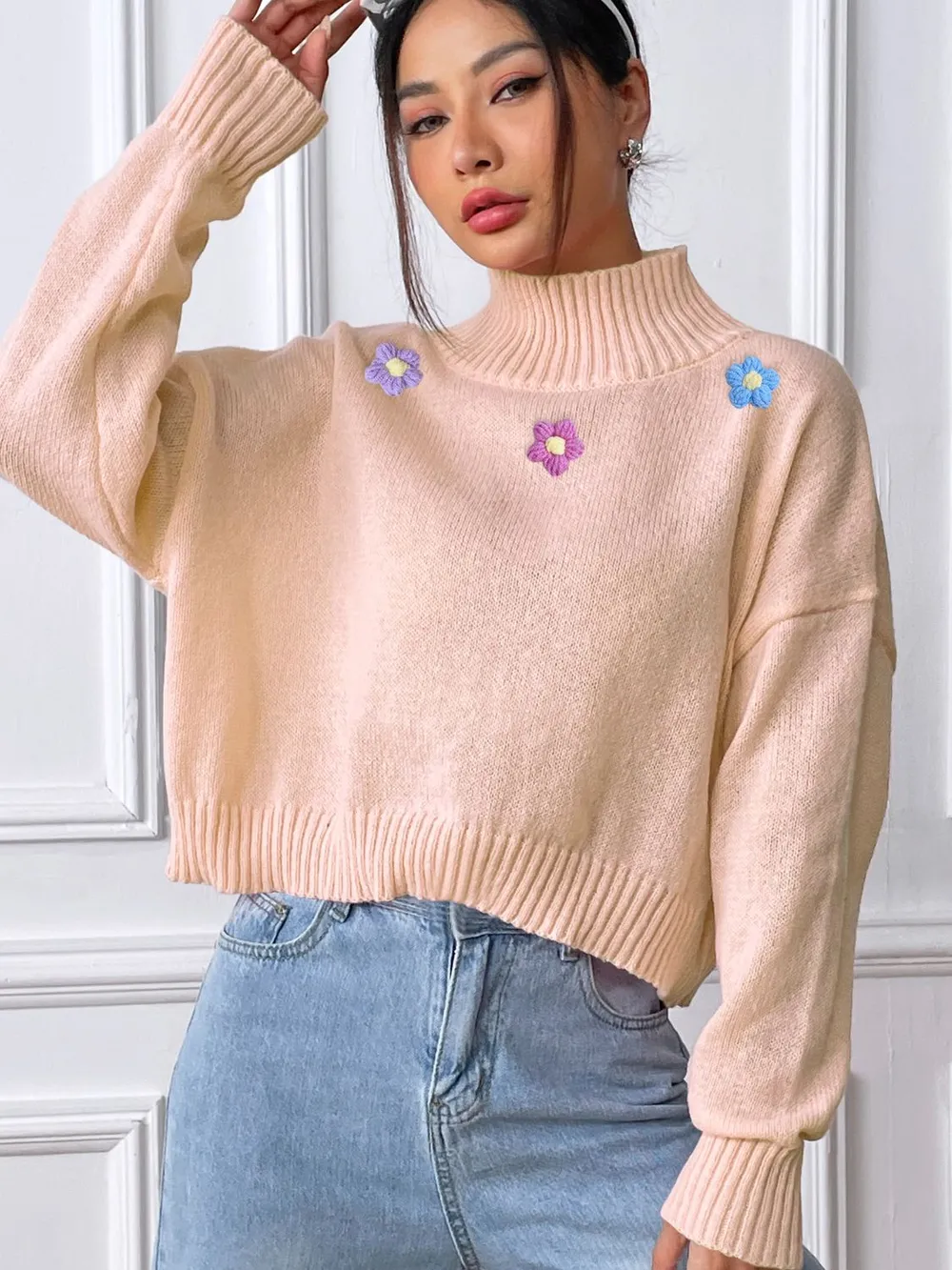 Flower Turtleneck Long Sleeve Sweater - ZKZOOK