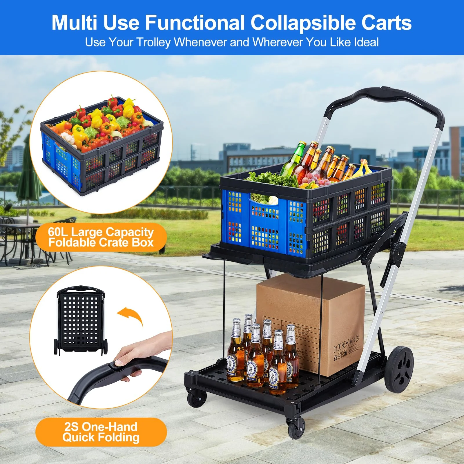 Collapsible Utility Cart, Multi Use Functional Collapsible Shopping Carts, 2-Tier Collapsible Shopping Cart with Storage Crates, Heavy Duty Utility Cart Folding Trolley for Shopping, Picnic and Office - Image 2