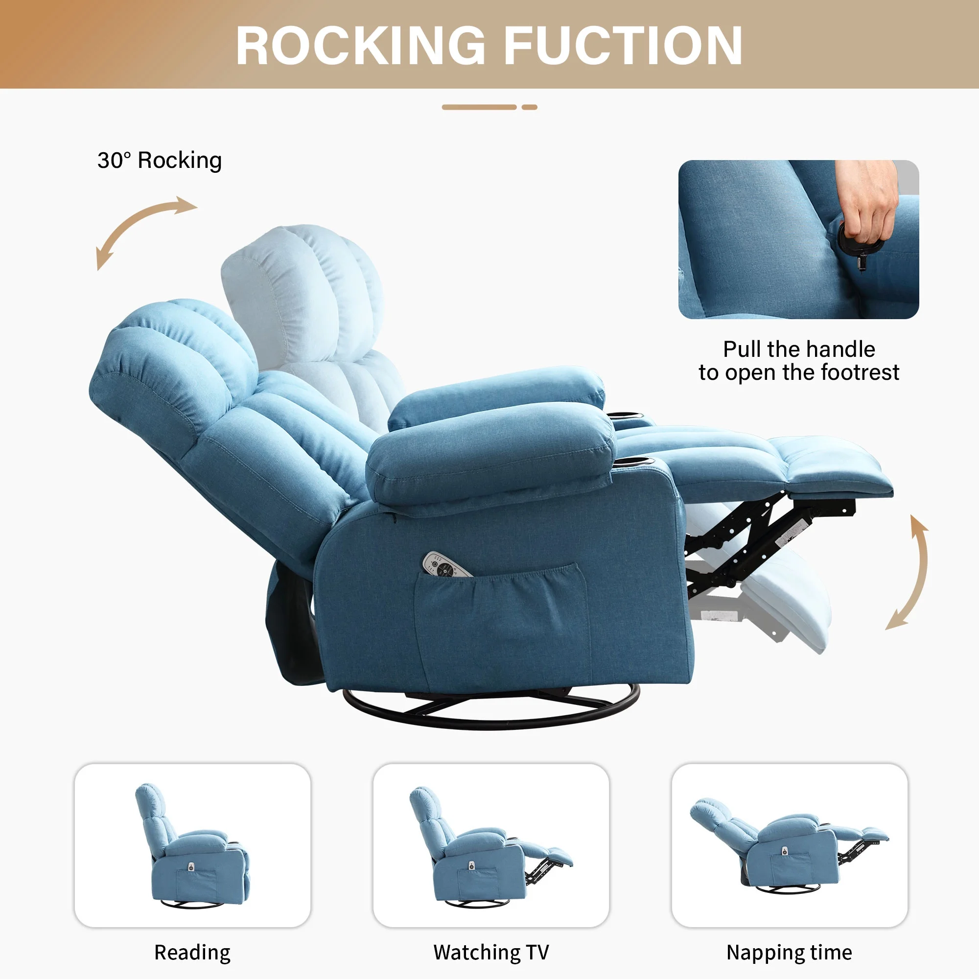 JONPONY Manual Recliner Chair with Heat Therapy and Massage Function, Heavy Duty Reclining Mechanism Massage Chair, Elderly Single Rocker Sofa with Cup Holders for Bedroom Home Theater,Grey - Image 78