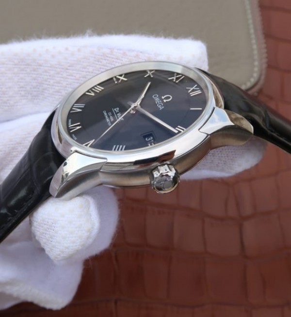Replica Omega V6 De Ville 41mm SS Black Dial Black Leather Strap A8500 - Top club