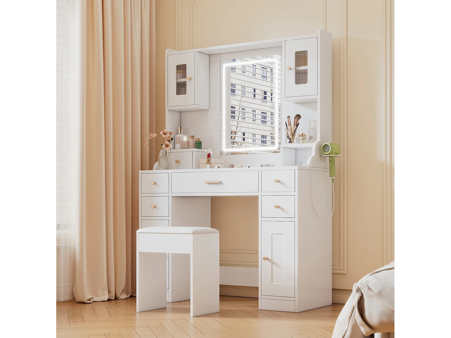 Ensemble de coiffeuse - 105 x 40 x 152 cm - maquillage avec Leds + miroir + tabouret + 6 tiroirs + 4 portes - MDF - blanc