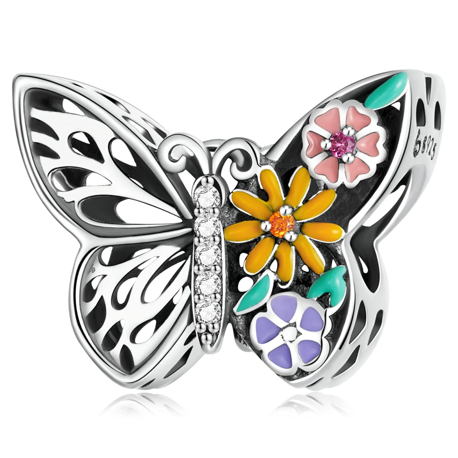 Colorful Butterfly Flowers Charm Bead 925 Sterling Silver Garland Sparkling Hollow Insect Element Charm Pendant for Bracelet Necklace Dainty Jewelry Gift for Women Girls