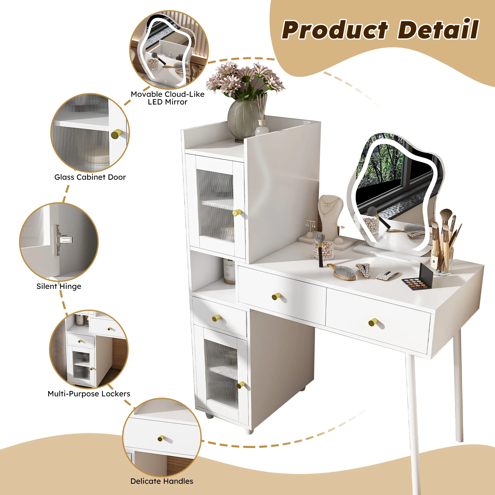 Montary Modern Mini Vanity w/Adjustable LED Mirror + Hidden Storage, Padded Stool & Dustproof Shelves (White) - Image 23