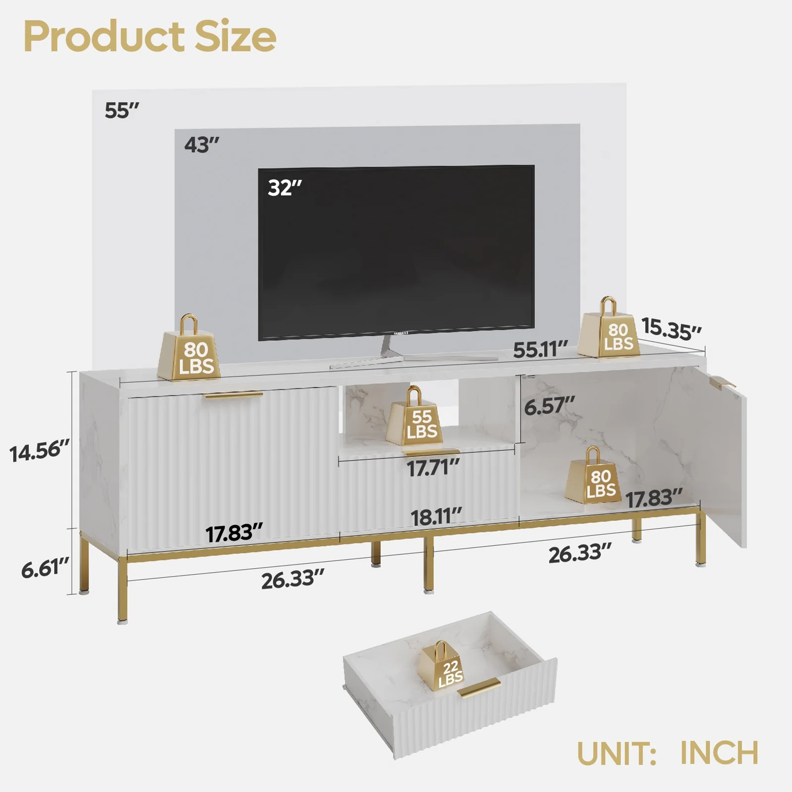 Bestier 55" LED TV Stand for TVs up to 60" Modern High Gloss Entertainment Center with Drawers Cabinets Fluted TV Console, White & Gold - Image 38