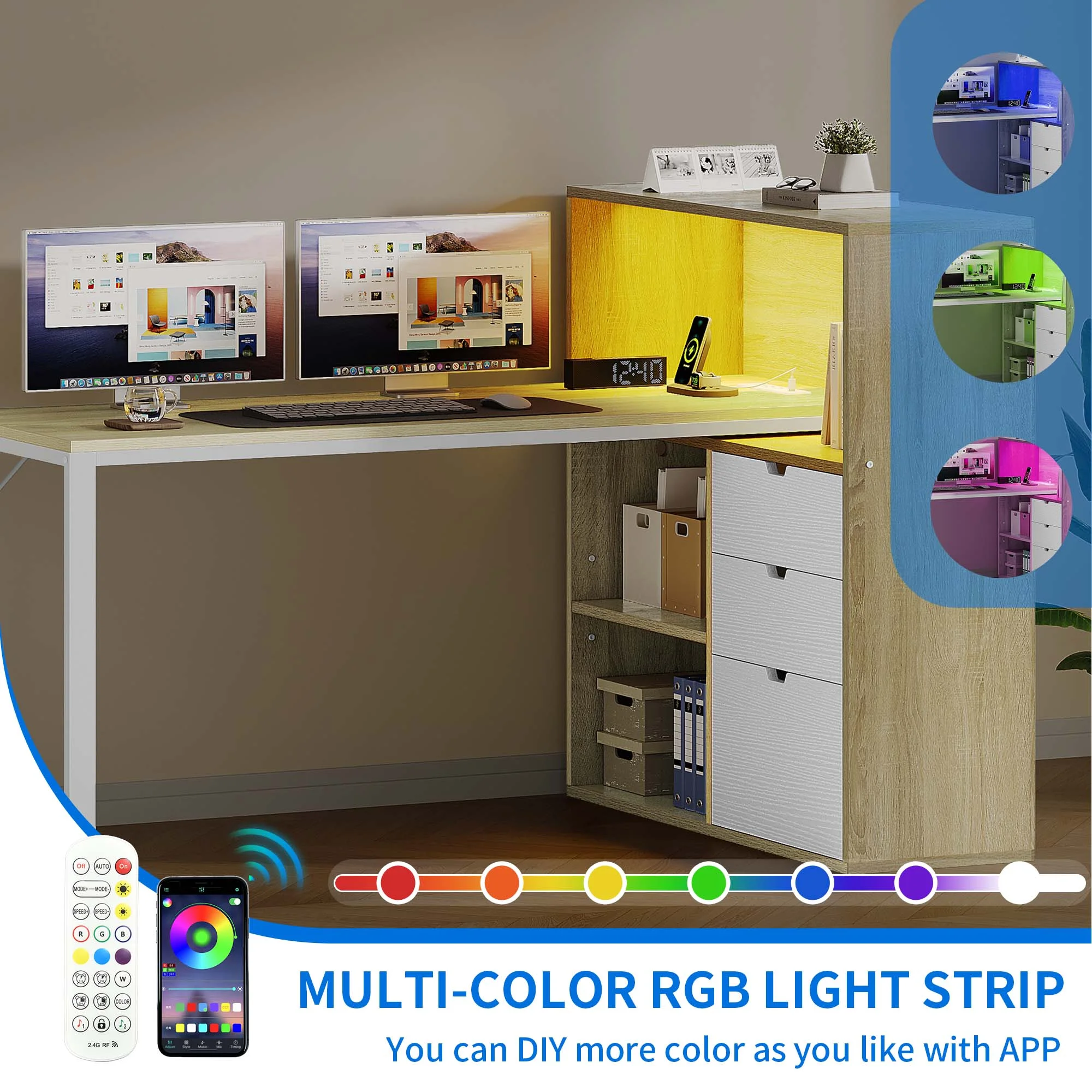 Dextrus L Shaped Desk with Power Outlets & LED Lights, Computer Desk with 3 Drawers and 3 Storage Shelves, White Office Desk Corner Desk for Home Office - Image 25