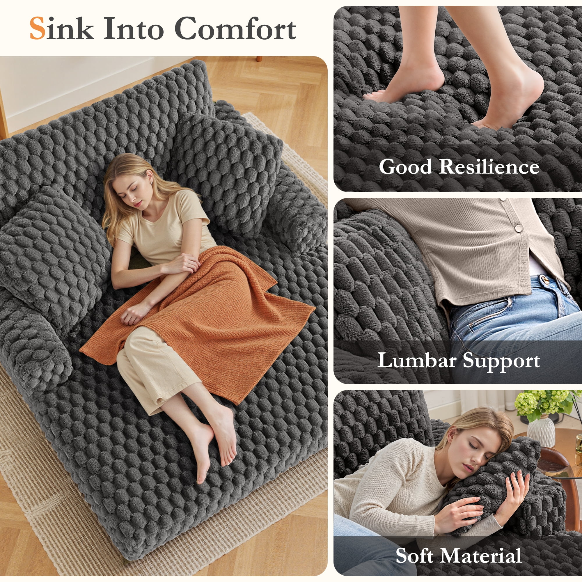 ATHOPE 53"W Oversized Chaise Lounge Chair Indoor, Corduroy Couch Chair with Pillows, Comfy Reading Chairs with Wide Arms, Upholstered Sleeper Sofa for Living Room, No Assembly Required, Gray - Image 10