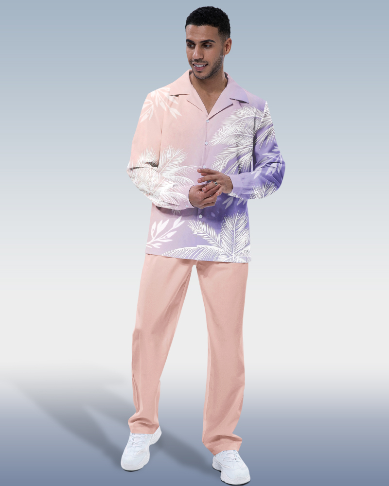 Suitmens Men's Pink Leaf Long Sleeve Walking Suit