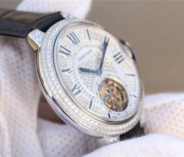 Replica Cartier Ballon Bleu de Cartier Tourbillon SS Full paved Diamonds Leather Strap - Top club