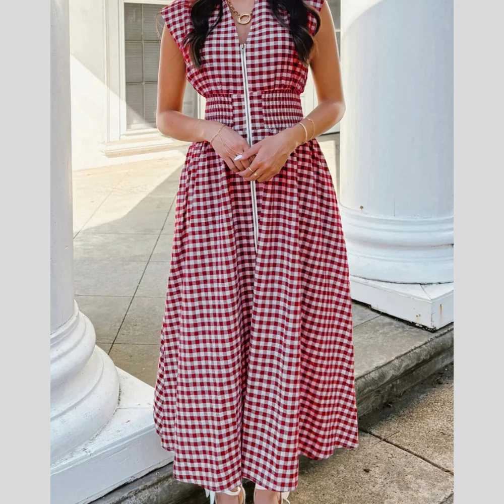 Gingham Zip-Front Midi Dress - ZKZOOK