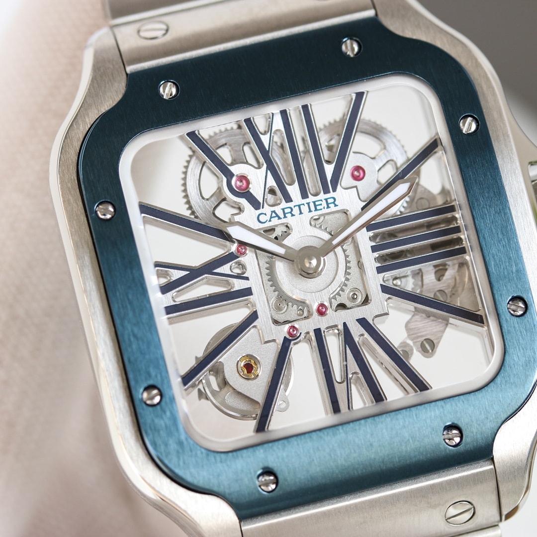 Fake Cartier Watch Santos large model mechanical movement with manual winding caliber Steel Blue Skeleton Dial WHSA0026 TWF(1:1 replica) - Top club