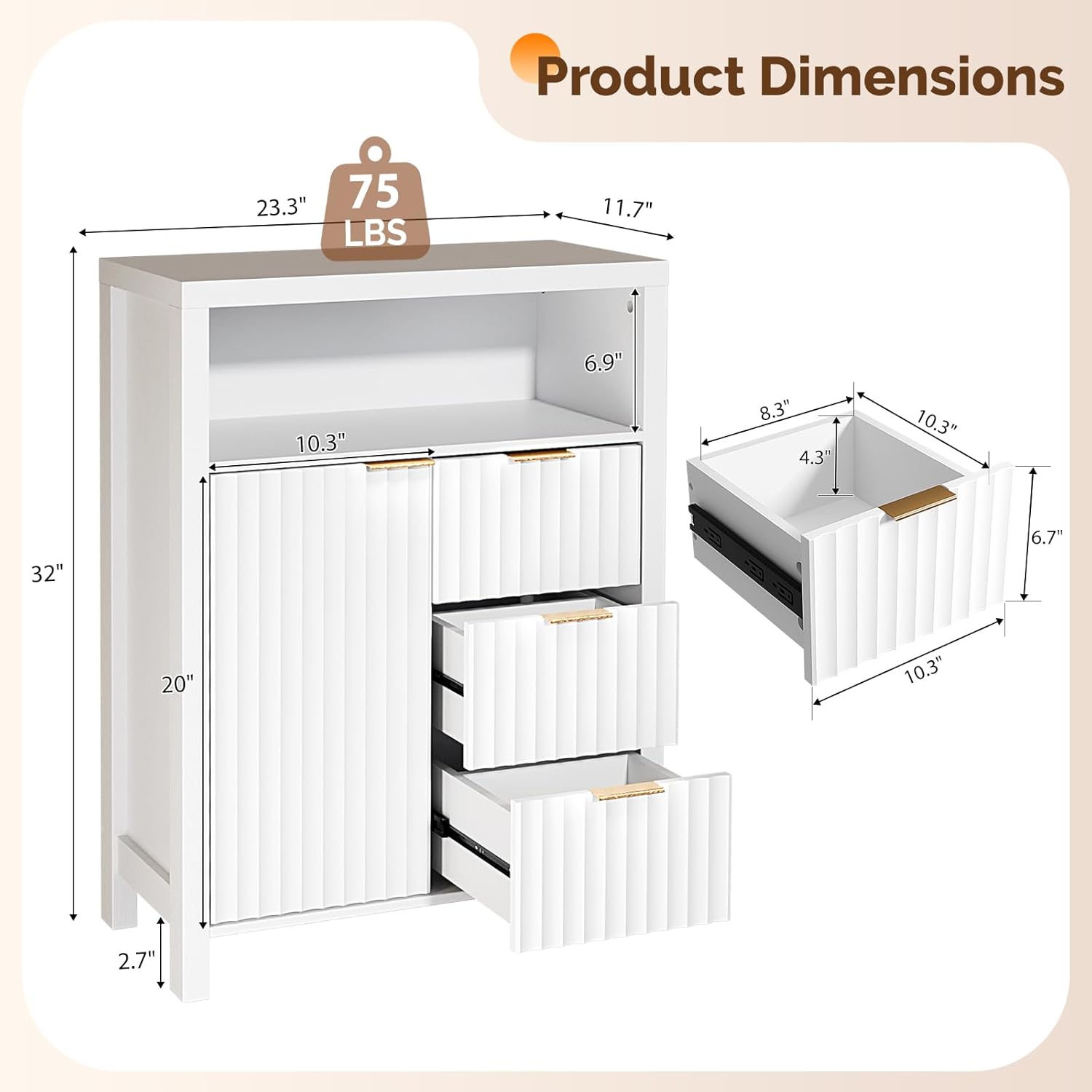 VINGLI Bathroom Floor Storage Cabinet with 3 Drawers, Modern 32