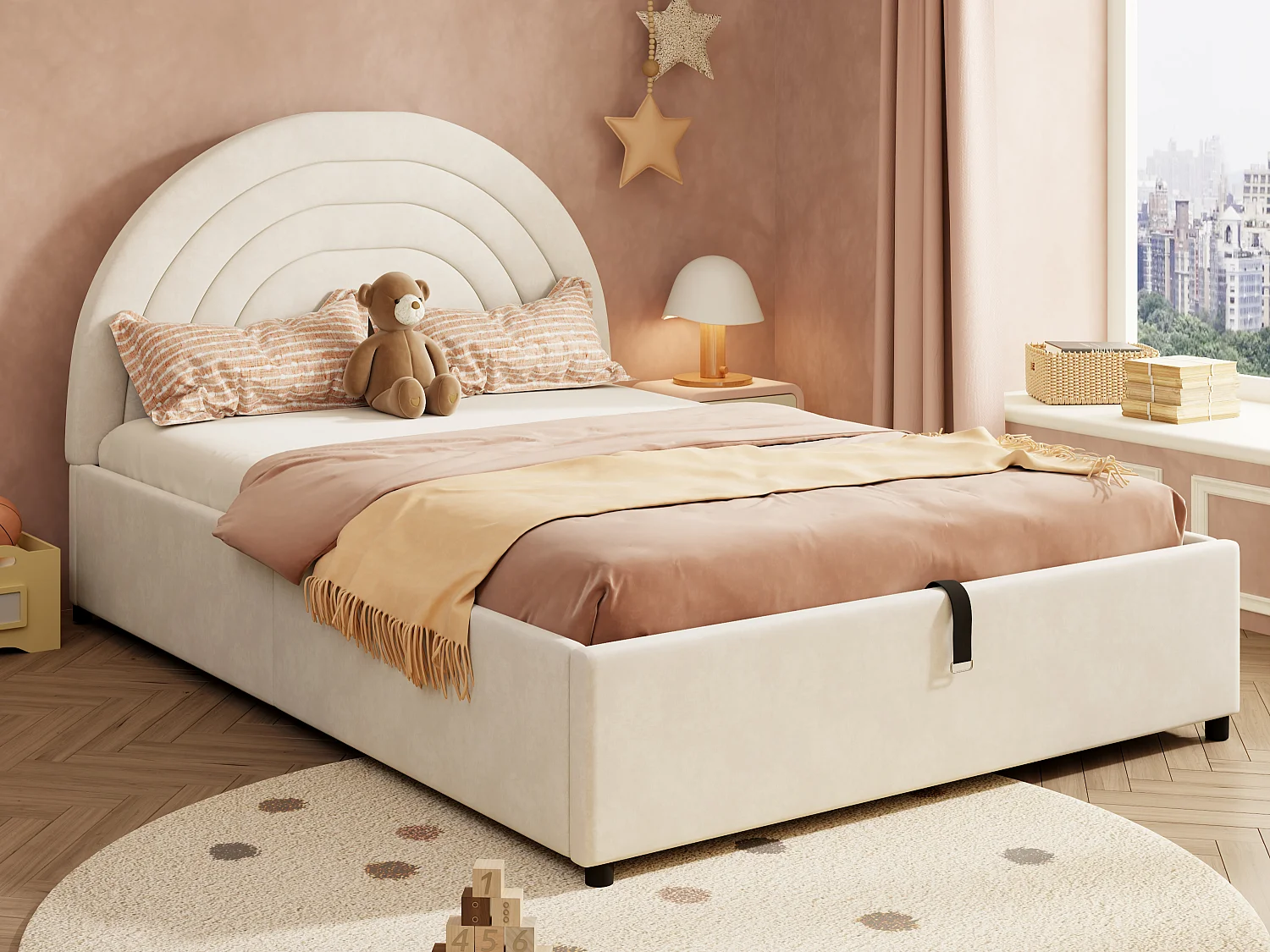 Lit enfant coffre 140x200 cm - Tête de lit rembourrée et sommier à lattes - Tissu velours - Beige (Matelas non inclus)