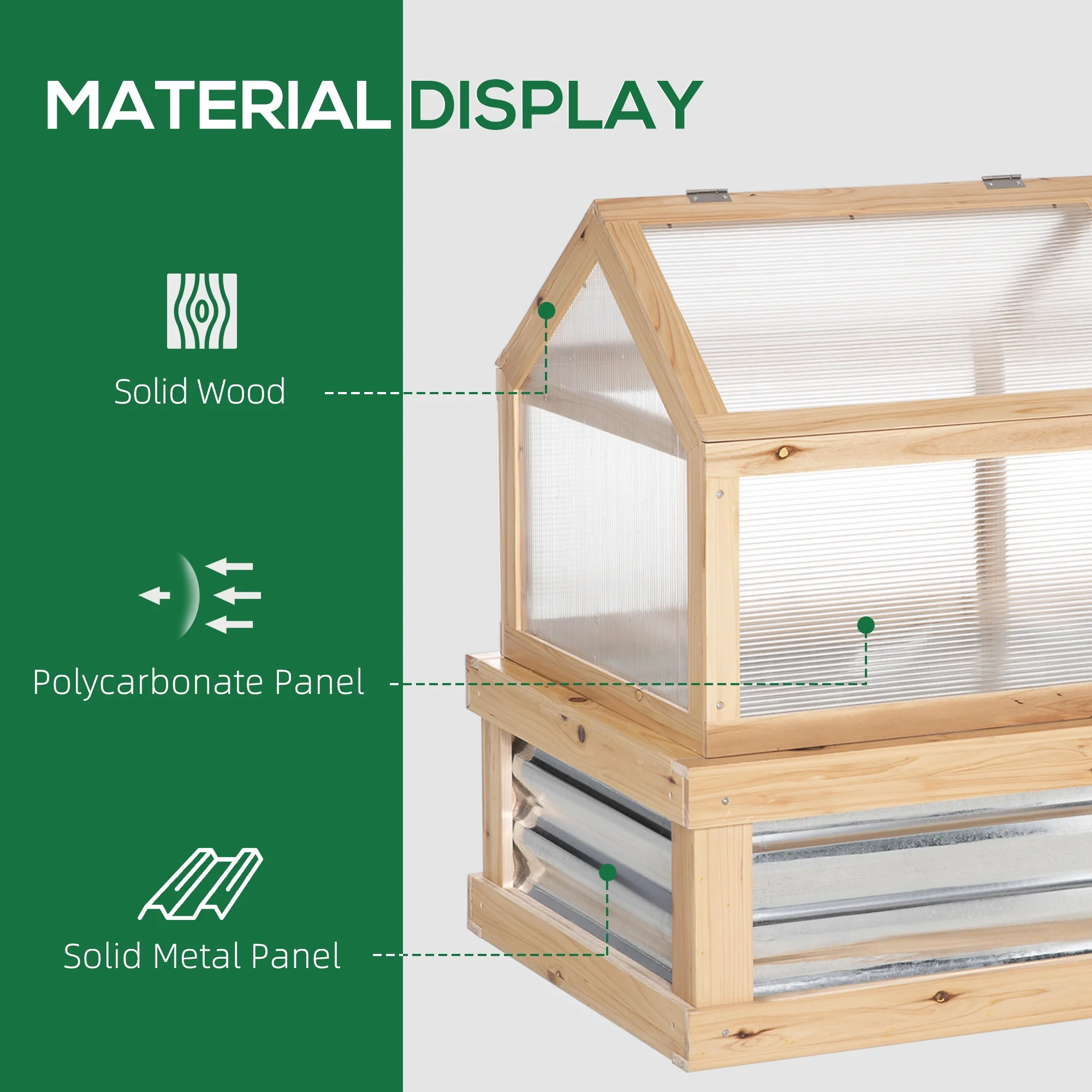 Outsunny Raised Garden Bed with Polycarbonate Greenhouse, Wooden Garden Cold Frame Greenhouse, Flower Planter Protection, 48" x 24" x 32", Natural - Image 7