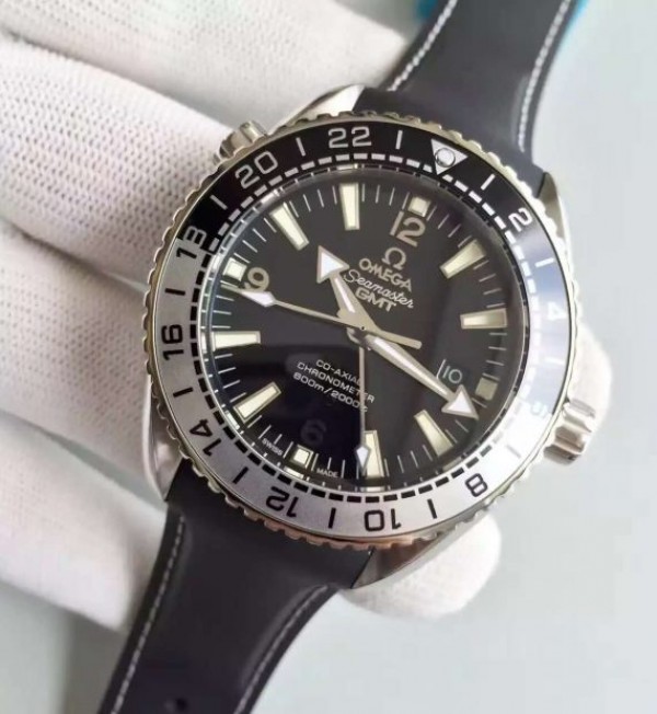 Replica Omega Planet Ocean 600M GMT Black/Silver Bezel Black Dial Rubber Strap A8906 - Elite Watch Atelier