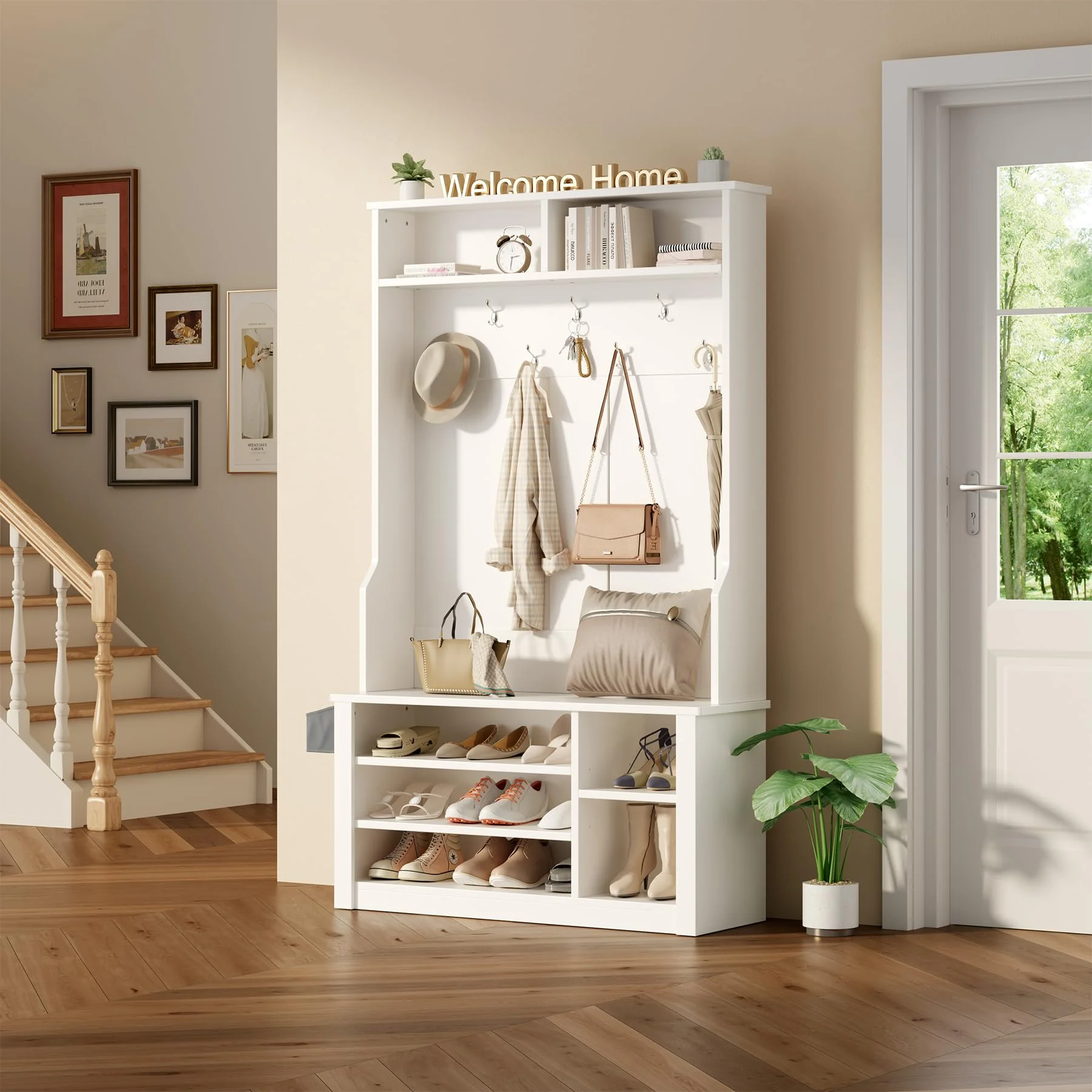 Lofka 5-in-1 Hall Tree with Bench and Shoe Storage, Entryway Hall Tree with Coat Rack, Adjustable Shoe Storage, 2-tier top storage,White - Image 9