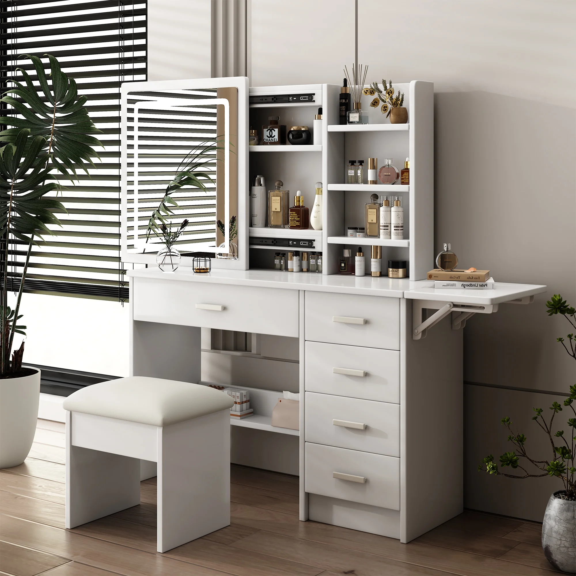 Montary Modern Mini Vanity w/Adjustable LED Mirror + Hidden Storage, Padded Stool & Dustproof Shelves (White) - Image 68