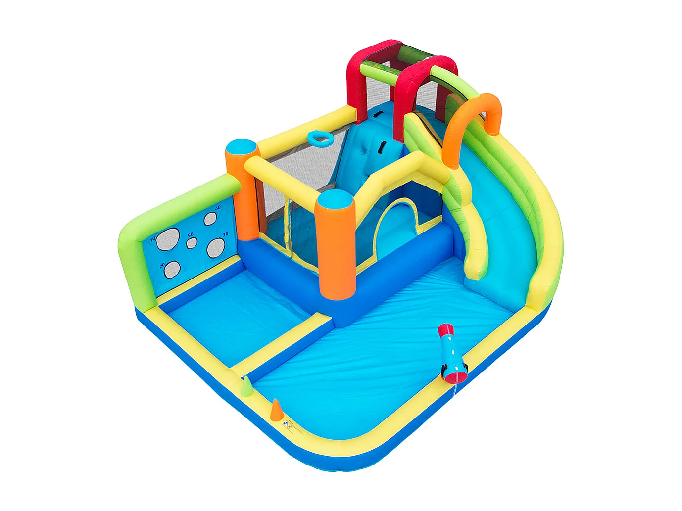 Château gonflable parc aquatique enfants toboggan trampoline mur lancer escalade panier basket soufflerie 450W bleu