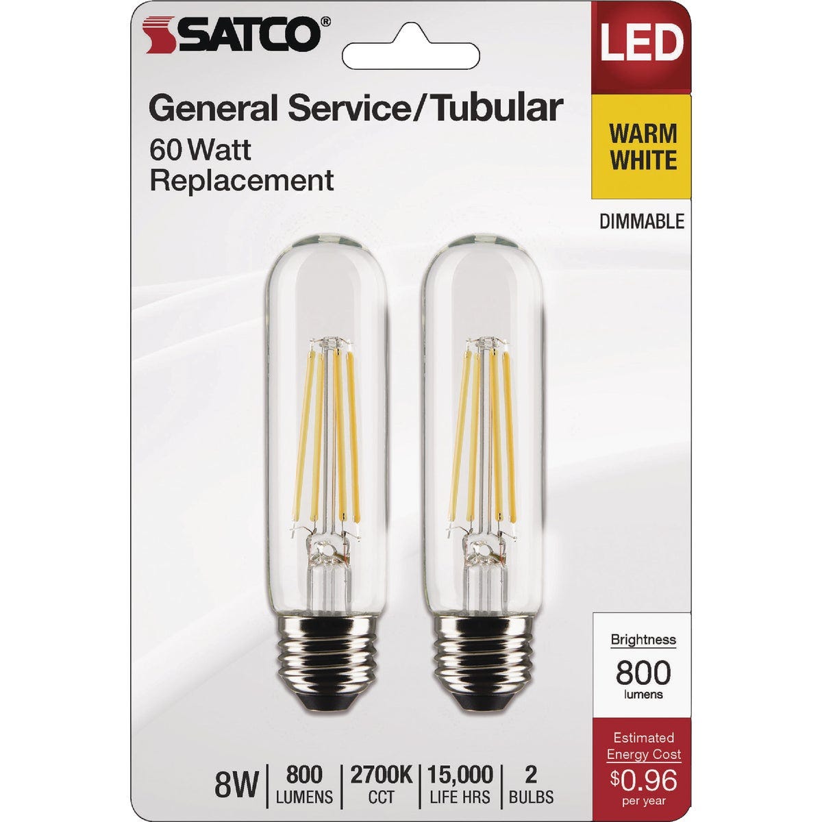 Satco 60W Equivalent T10 Medium Base 2700K Clear LED Bulb (2-Pack)