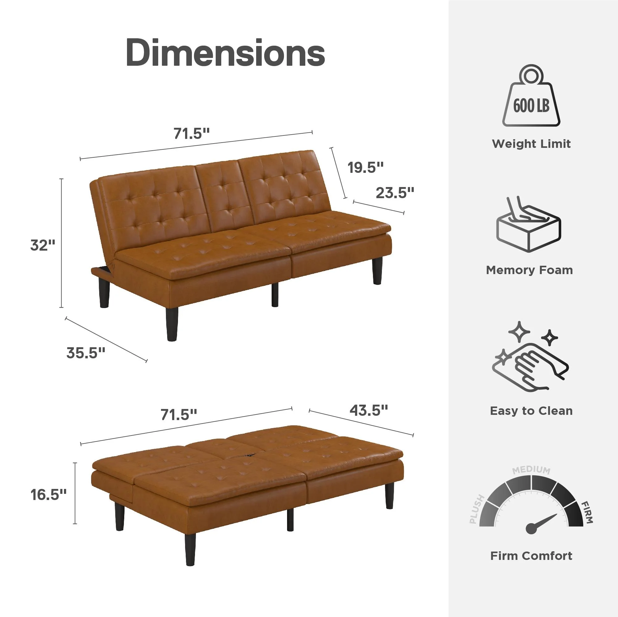 Mainstays Memory Foam 71.5" Futon with Cupholder and USB, Black Faux Leather - Image 36