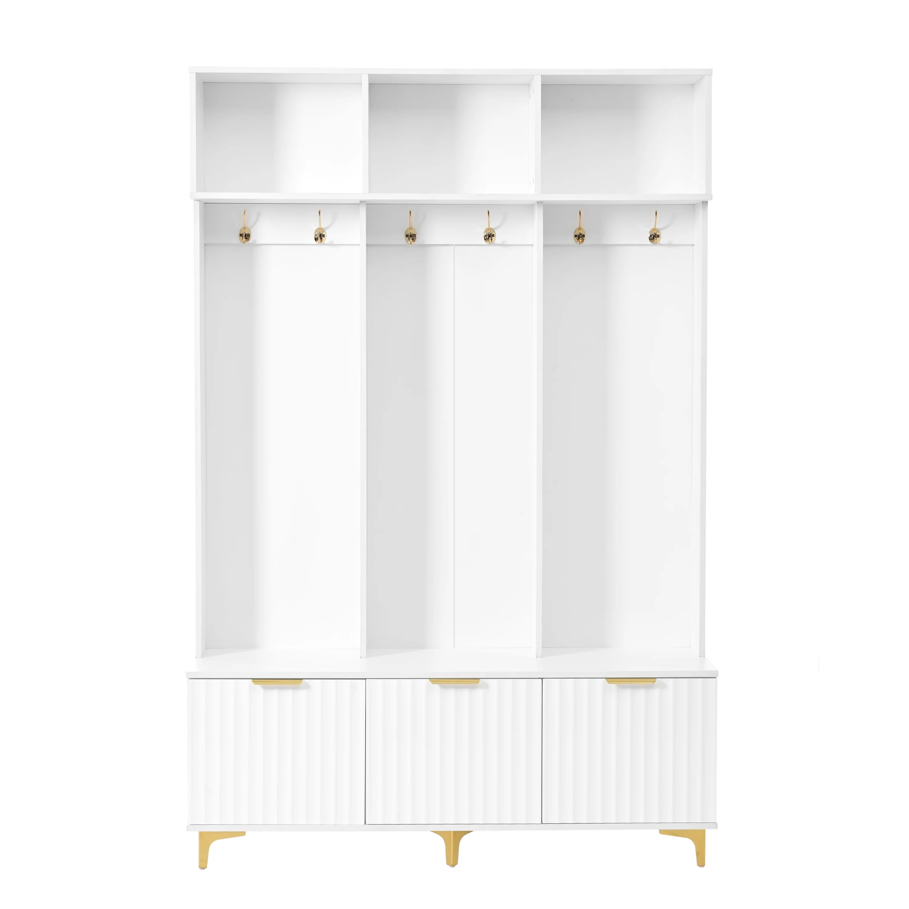 Euroco Modern Hall Tree with High Gloss Fluted Doors, Gold Accents, Shoe Storage & Bench a?? Entryway Organizer with Cubbies and Coat Hooks - Image 17