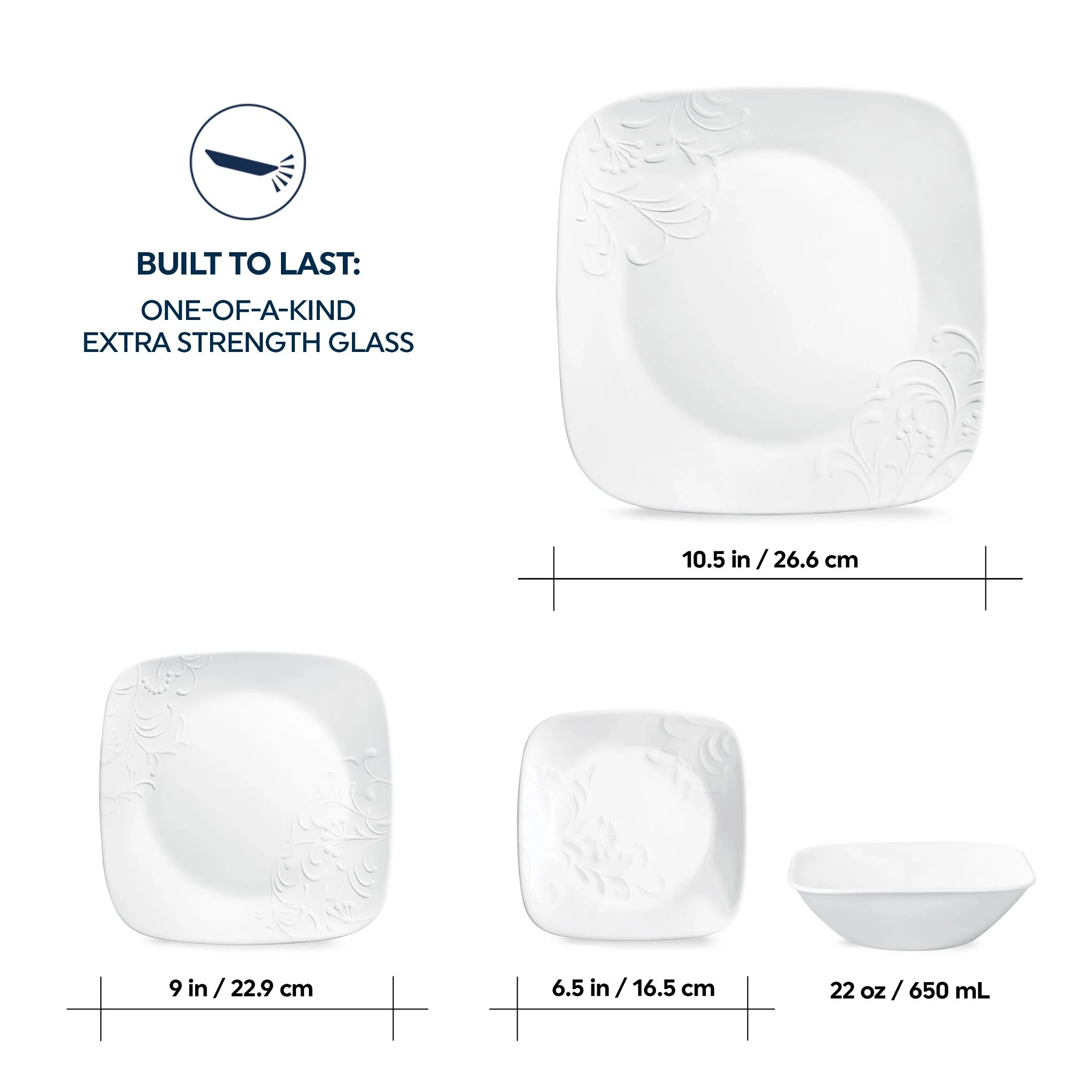 Corelle Cherish 16-Piece Embossed Square Glass Dinnerware Set (Service for 4) - Image 5