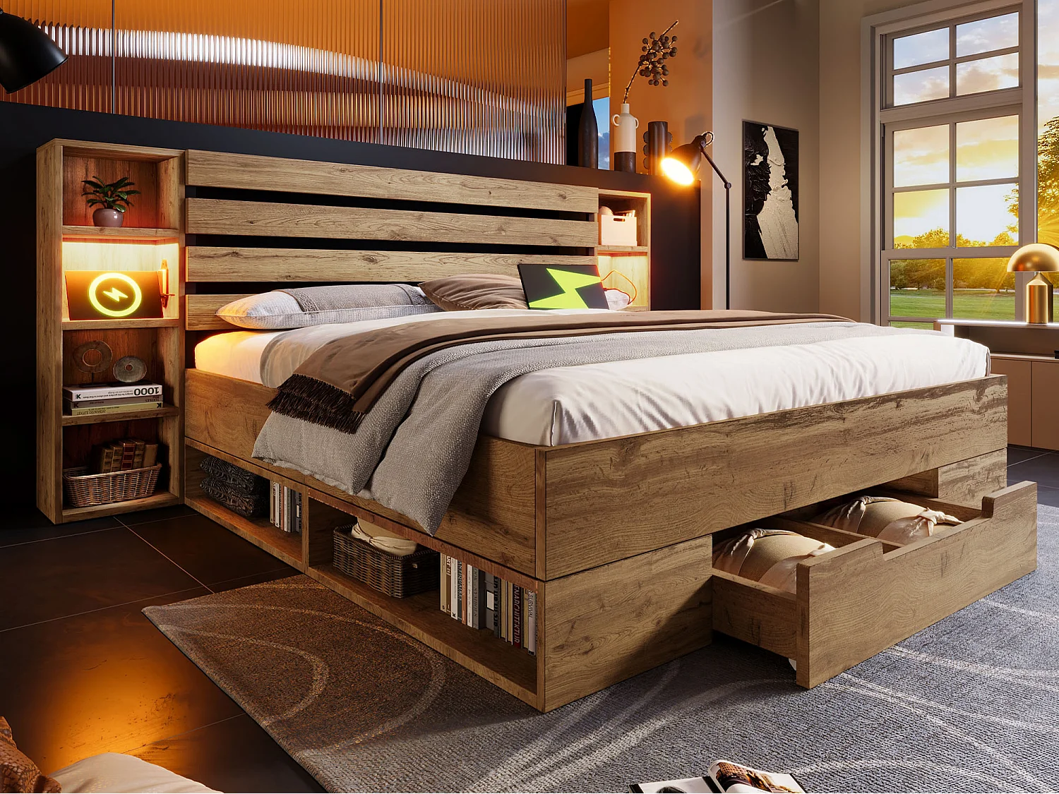 Lit adulte 180×200cm en bois + MDF - avec liseuse + prises chargement - avec sommier à lattes - Naturel