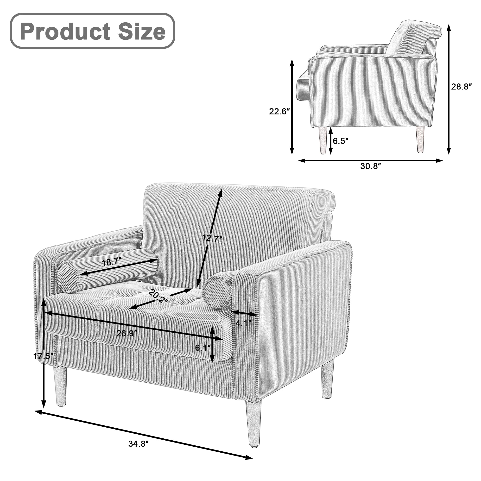 UIXE Corduroy Accent Chair Modern Upholstered Arm Chairs Comfy Reading Armchair with Pillow Armrest Tufted Living Room Single Sofa Lounge Seat, Yellow - Image 2