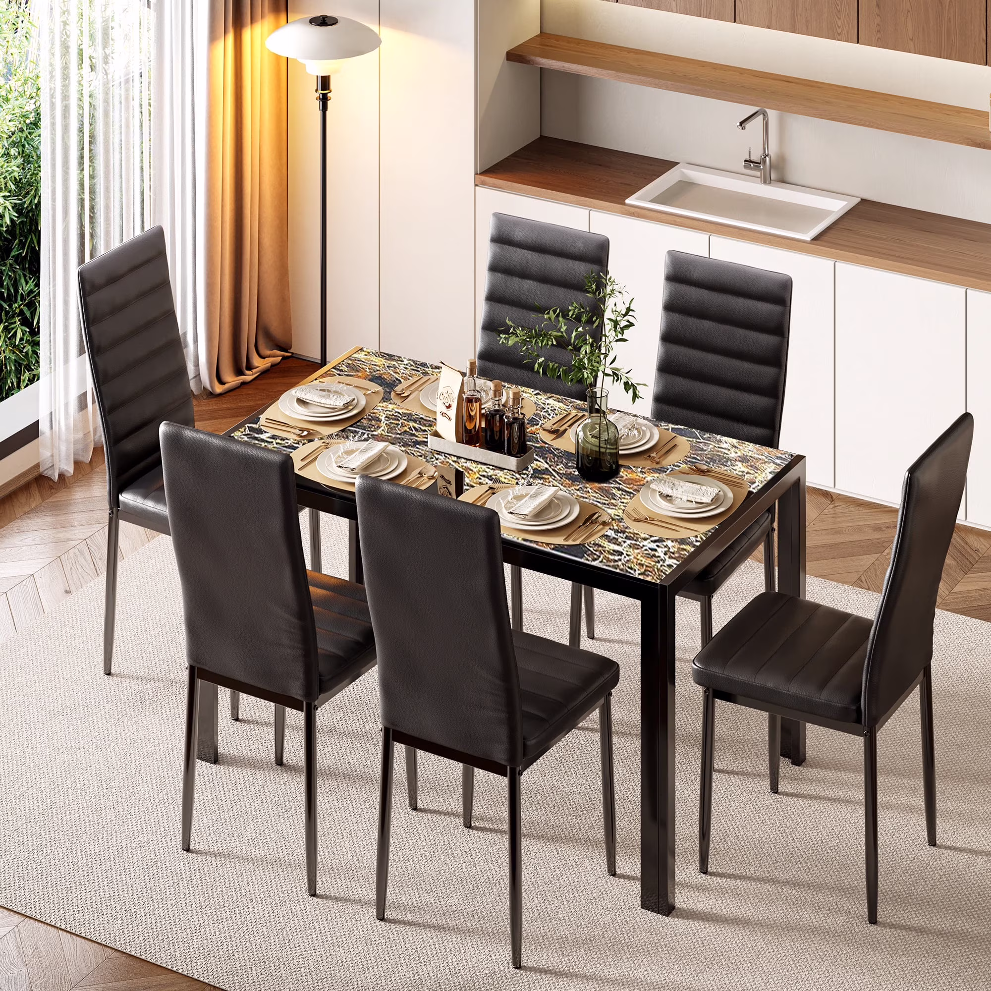 Asofer Modern 7 Piece Dining Table Sets for 6, Glass Kitchen Table, PU Leather Chair, Dining Room, Black - Image 9