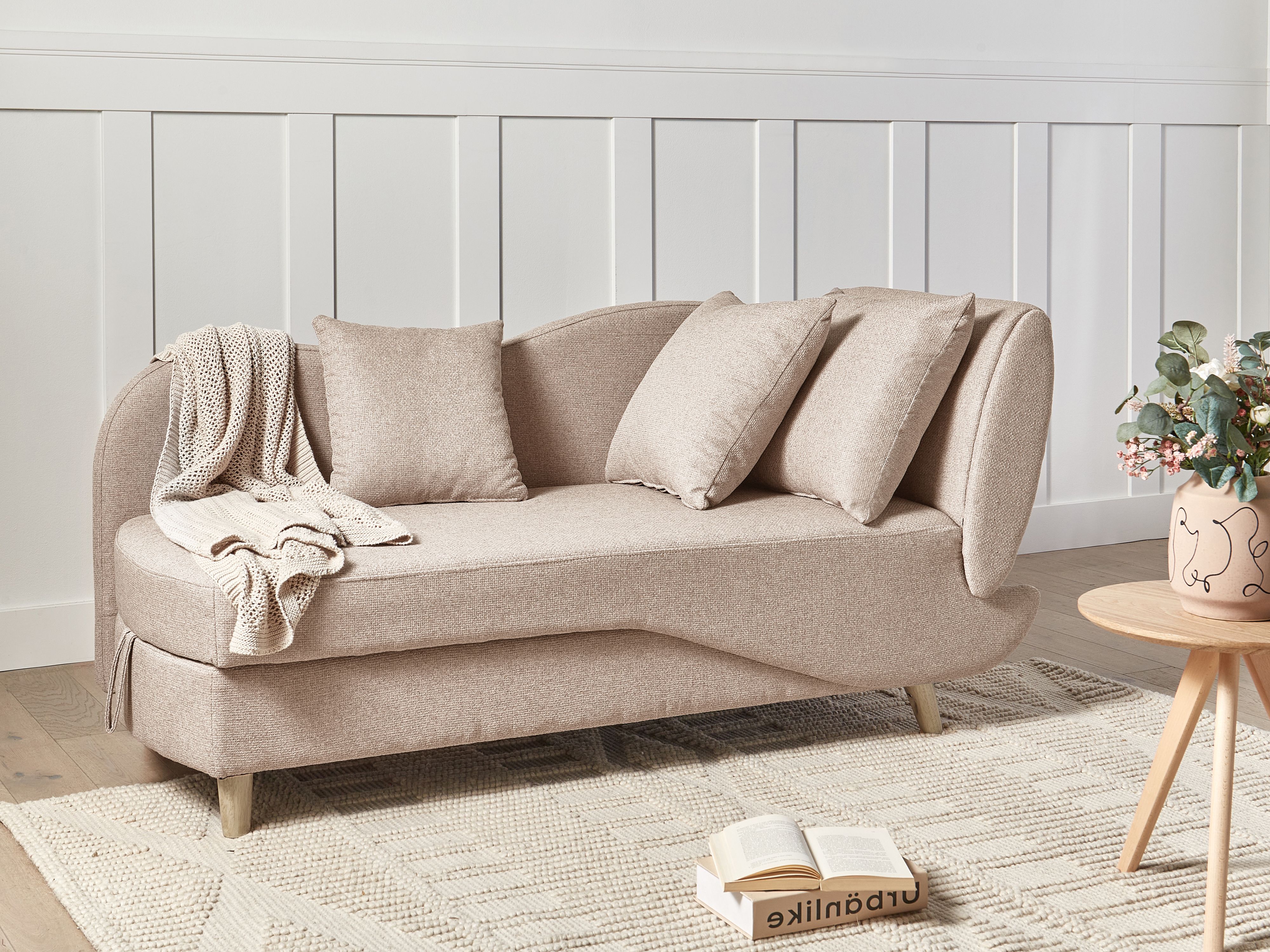 Right-Hand Chaise Lounge MERI Faux Linen Light Brown with Storage