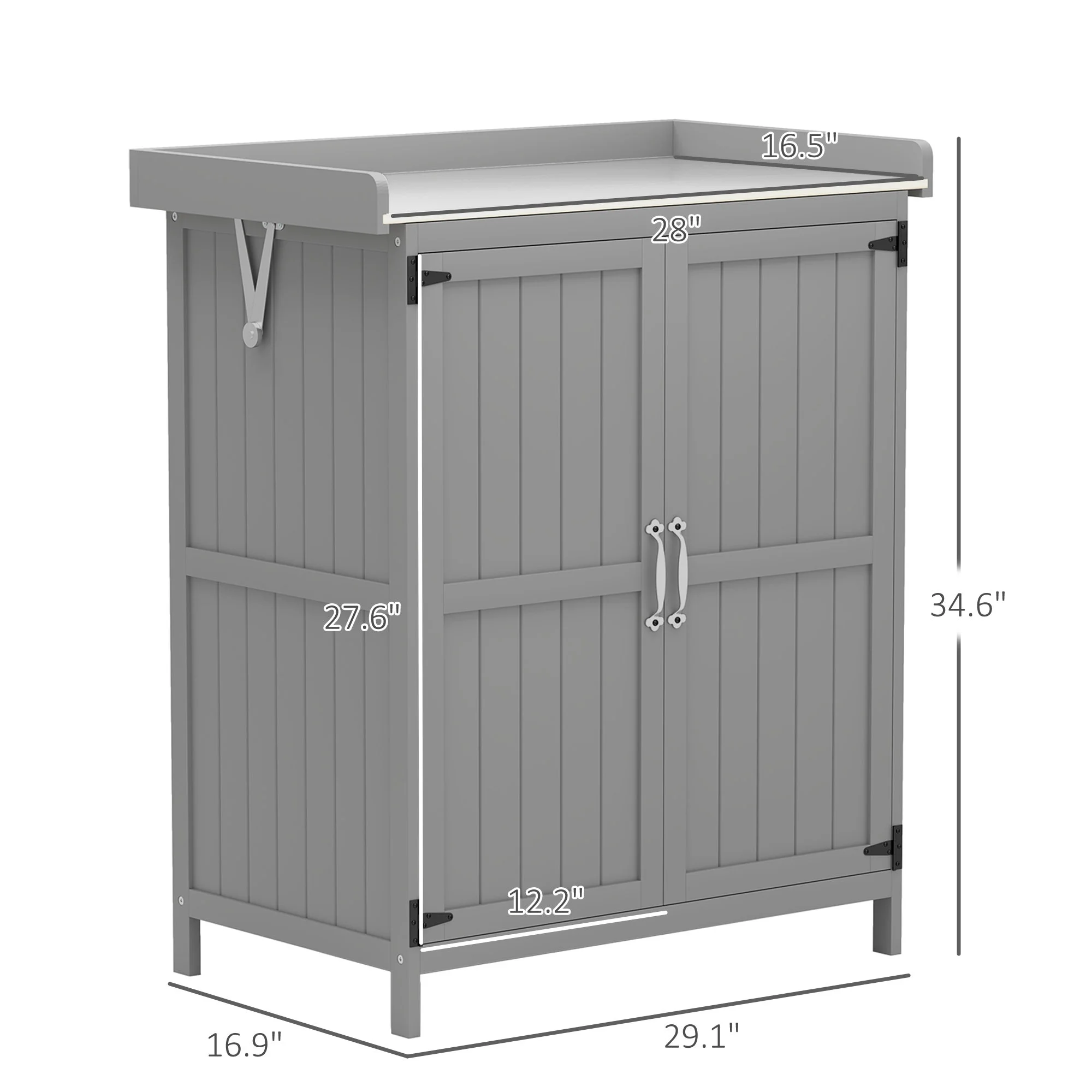 Outsunny Outdoor Garden Shed, Wooden Backyard Shed with Metal Tabletop, Shelf and 2 Doors for Patio, Lawn, Gray - Image 8