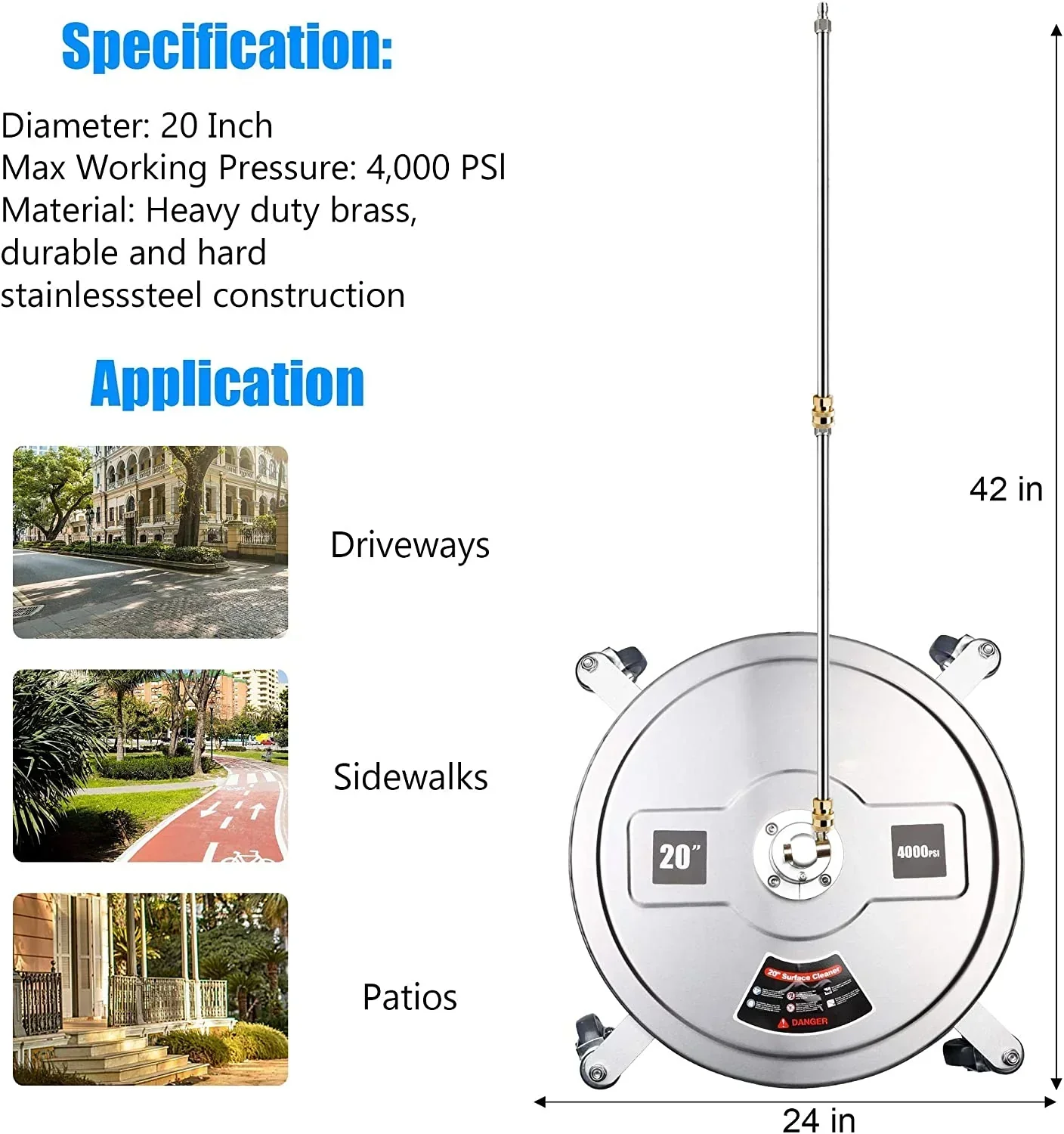 Twinkle Star 15 Inch Stainless Steel Pressure Washer Surface Cleaner With 2 Extension Wands And 2 Replacement Nozzles - Image 13 Twinkle Star 15 Inch Stainless Steel Pressure Washer Surface Cleaner With 2 Extension Wands And 2 Replacement Nozzles - Image 13