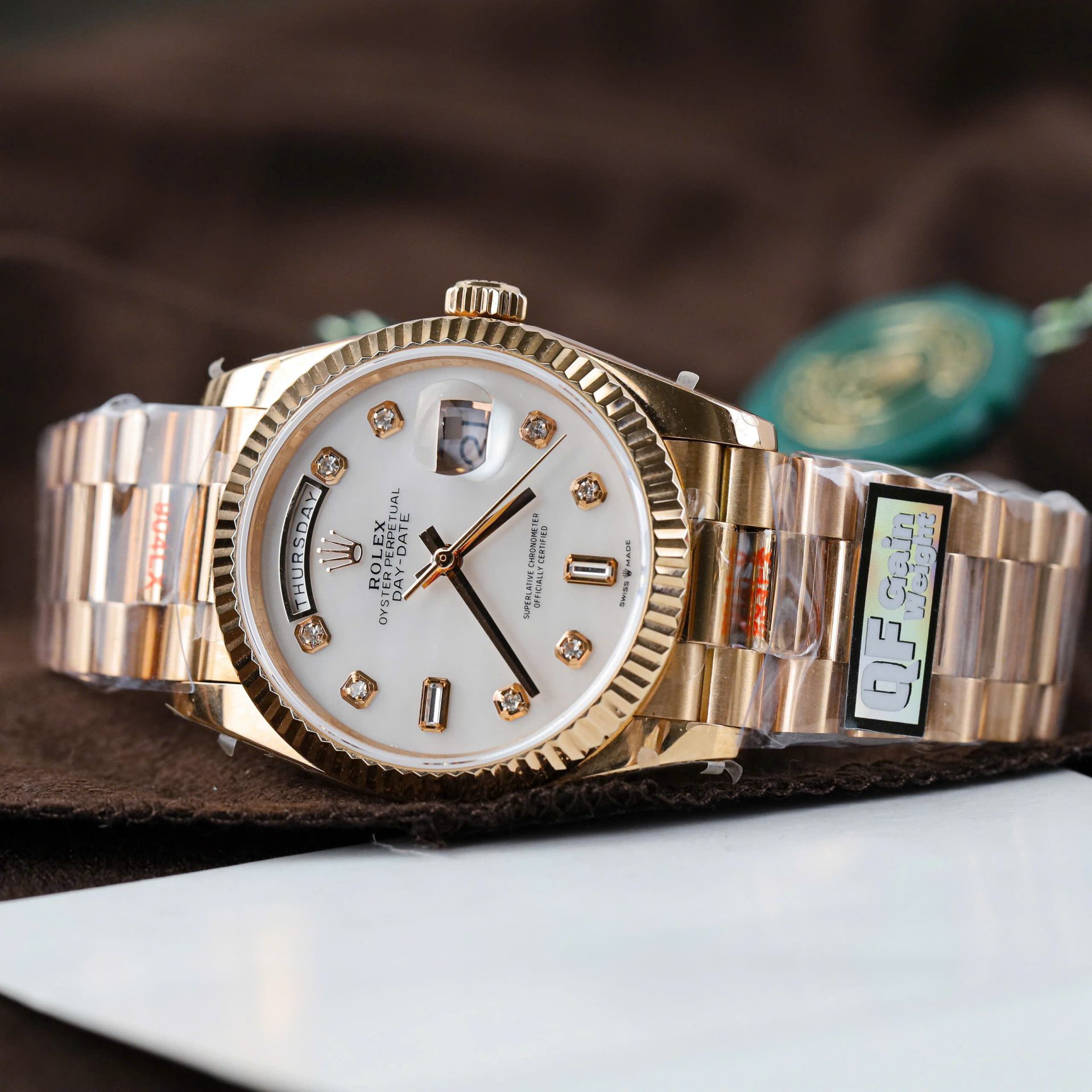 Rolex Day-Date 128235 Knock Off Watches MOP Dial Weight 156 Grams QF Factory 36mm - Elite Watch Atelier