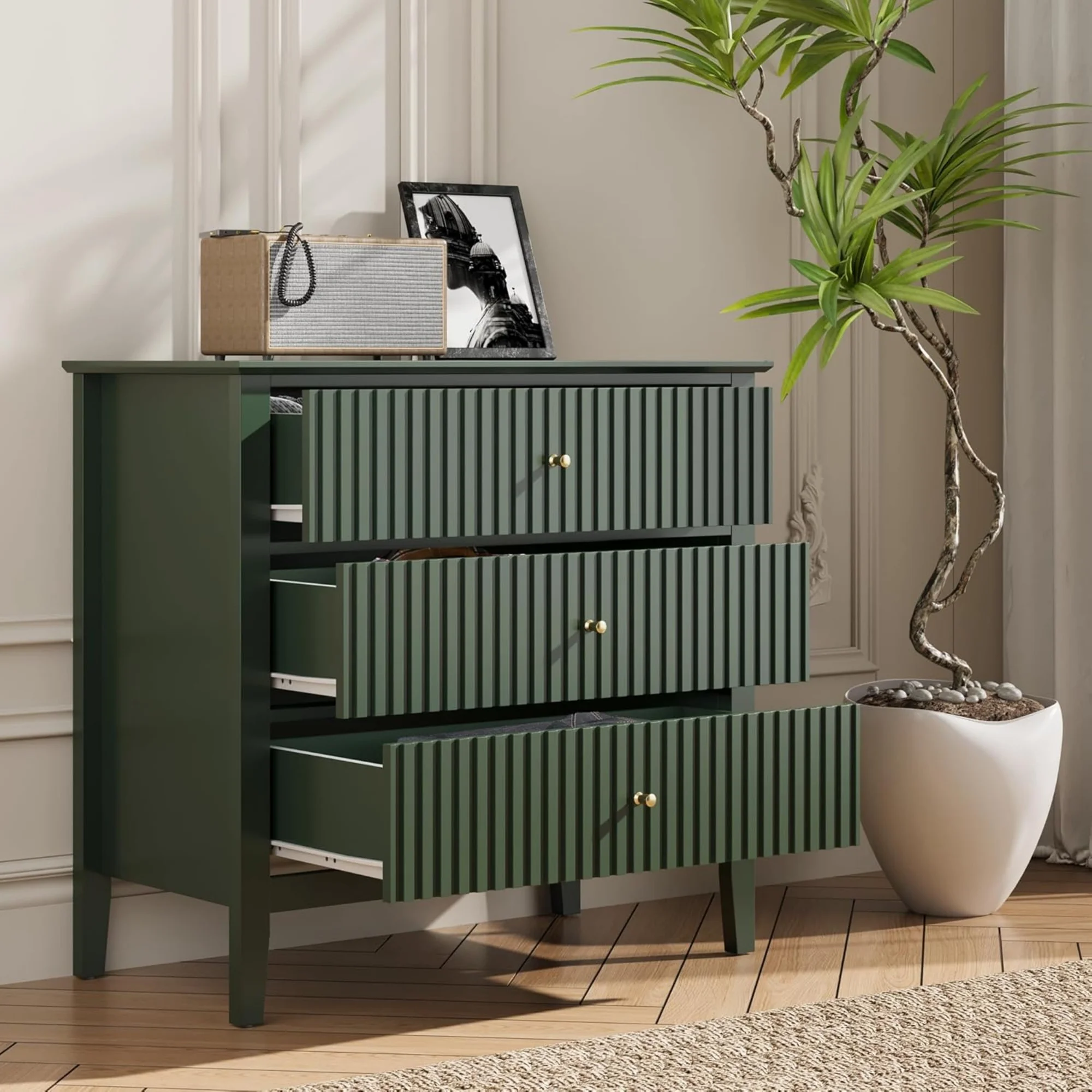 Heynemo Beige 6 Drawer Dresser, Fluted Modern Wood Chest - Image 42