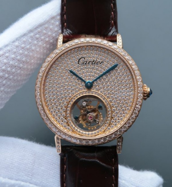 Replica Cartier Tourbillon YG Diamonds Dial Bezel Leather Strap - Top club