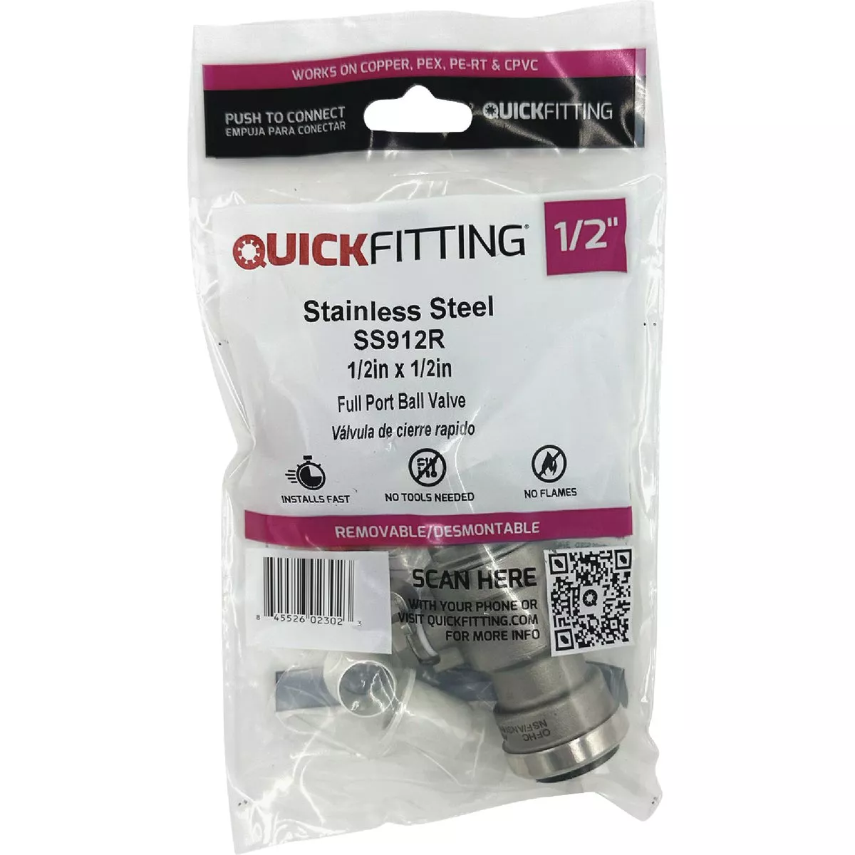 QuickFitting 1/2 In. Push-to-Connect Stainless Steel Full Port Ball Valve