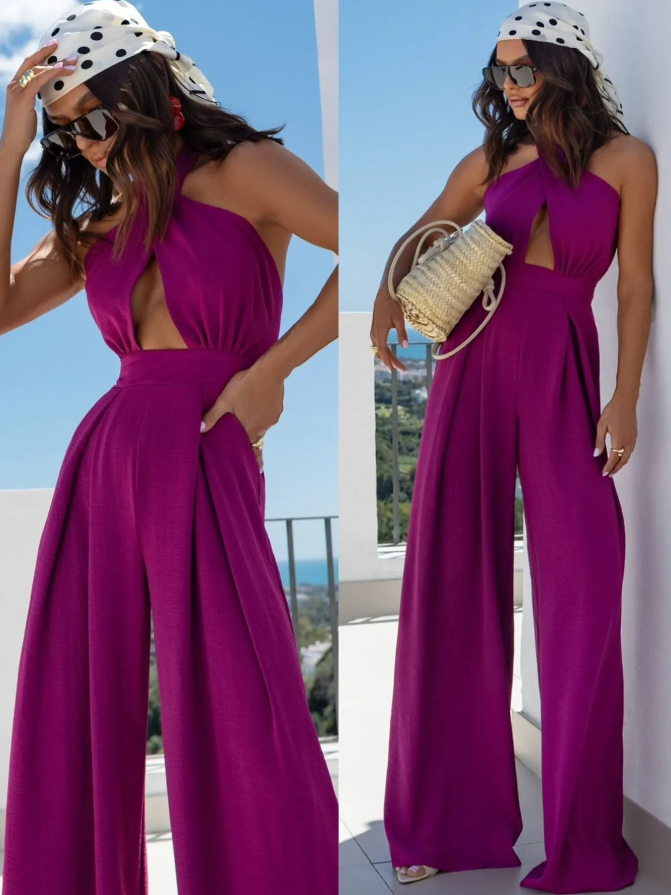 Wide Leg Cutout Halter Neck Jumpsuit - ZKZOOK