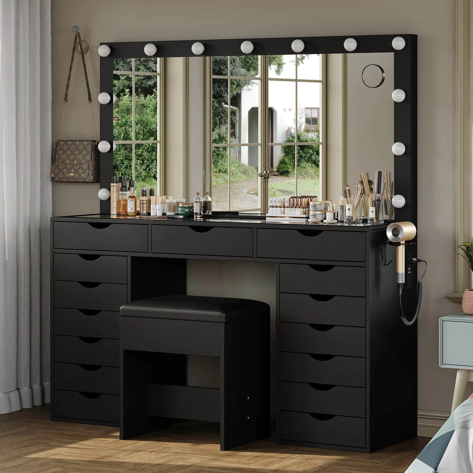 Yanosaku 15 Drawers Vanity Desk with Power Outlet, Makeup Table with Mirror and 13 LED Lights, 3 Color Lighting Modes, Brightness Adjustable, Glass Top Dressing Table, Vanity Set for Bedroom - Image 19