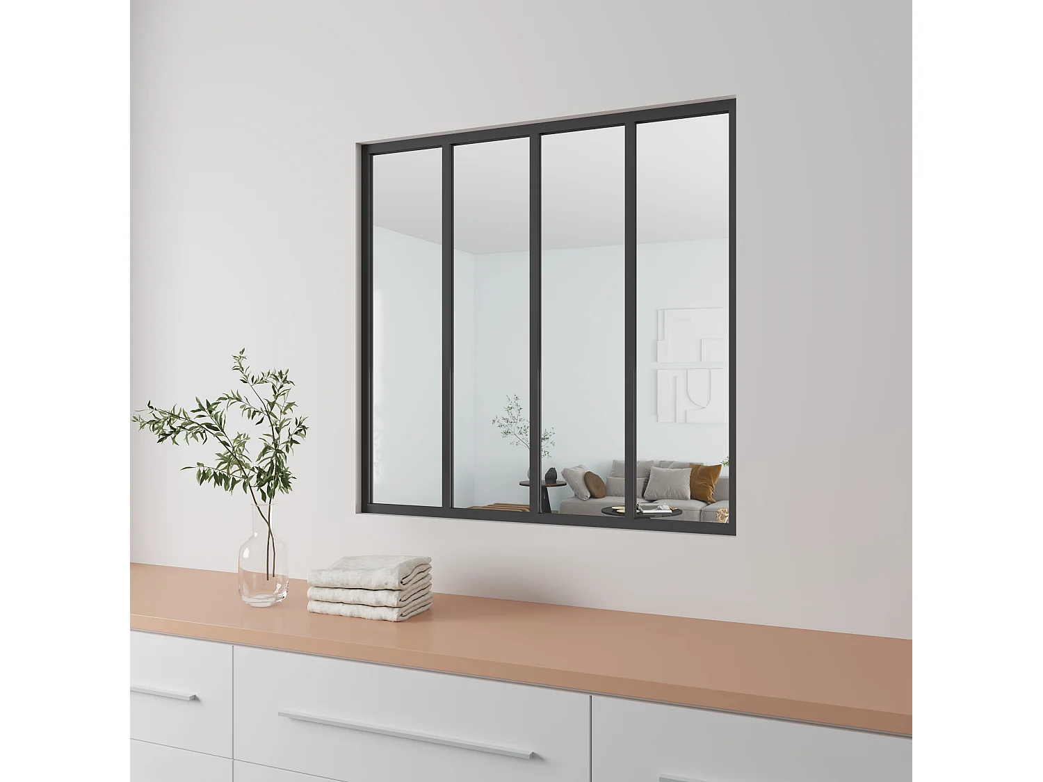 AICA Verrière Atelier en aluminium noir mat 123x108cm,Vitrage trempé 4mm,4 carreaux Verrière fixe,kit de verrière et vitrage