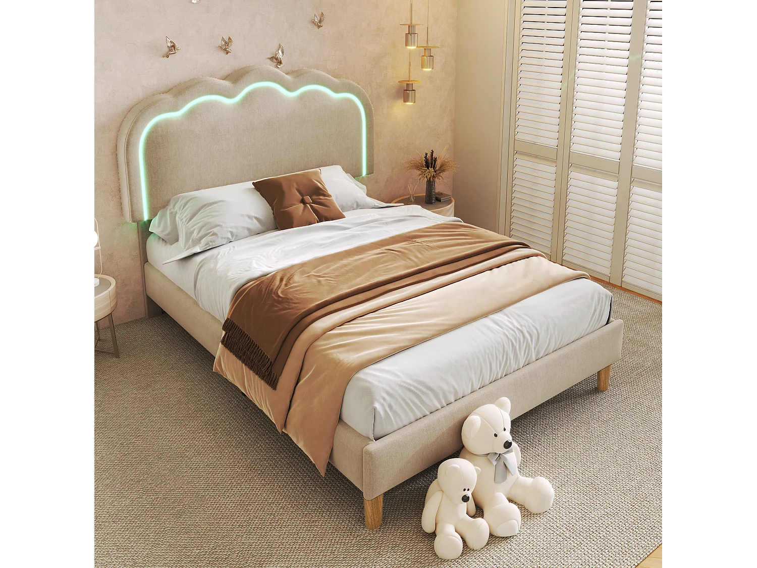 Lit enfant 90x190 cm  - Lit avec éclairage LED - tête de lit réglable - lin beige