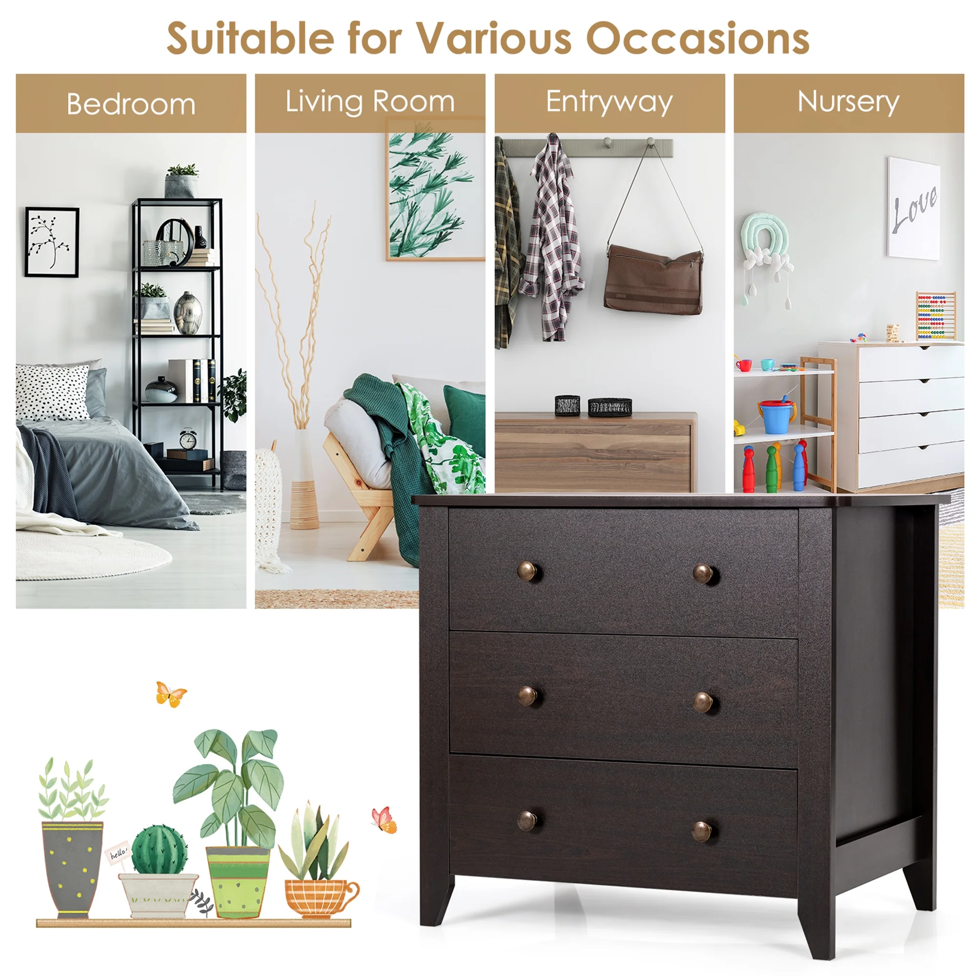 Gymax 3 Drawer Dresser Chest of Drawers Bedside Table for Living Room Bedroom Espresso - Image 8