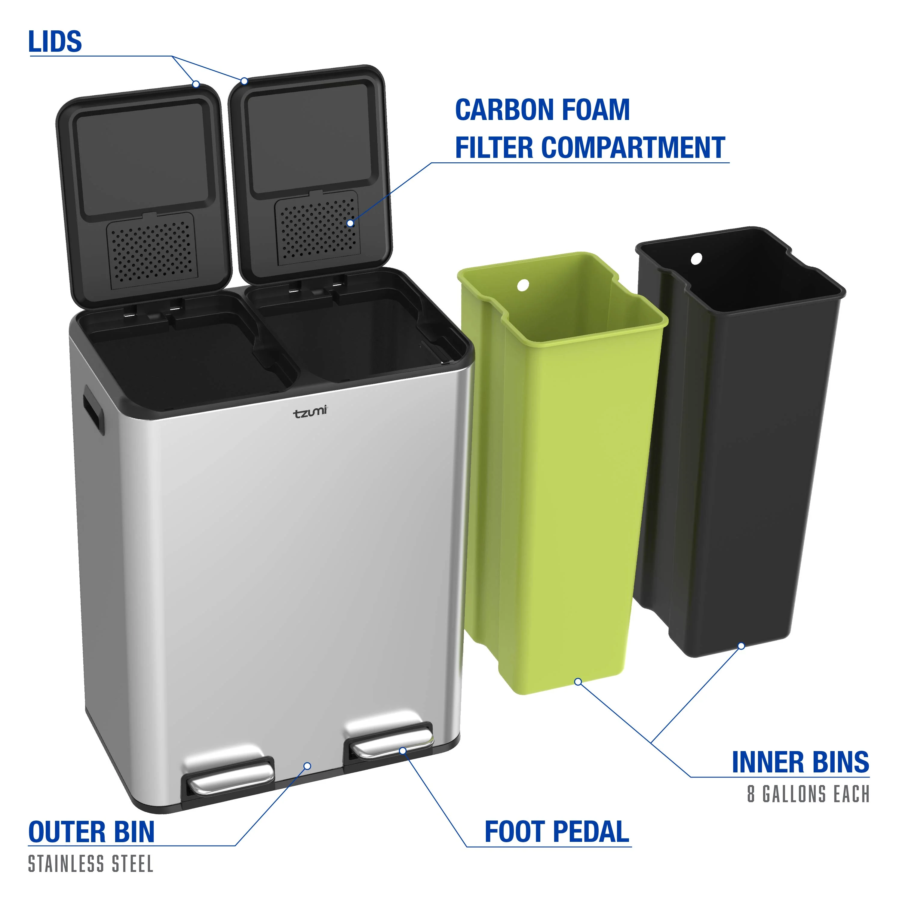 Tzumi Dual-Compartment Recycling Bin Stainless Steel Trash Can for Kitchen, 16 Gallon Total - Image 3