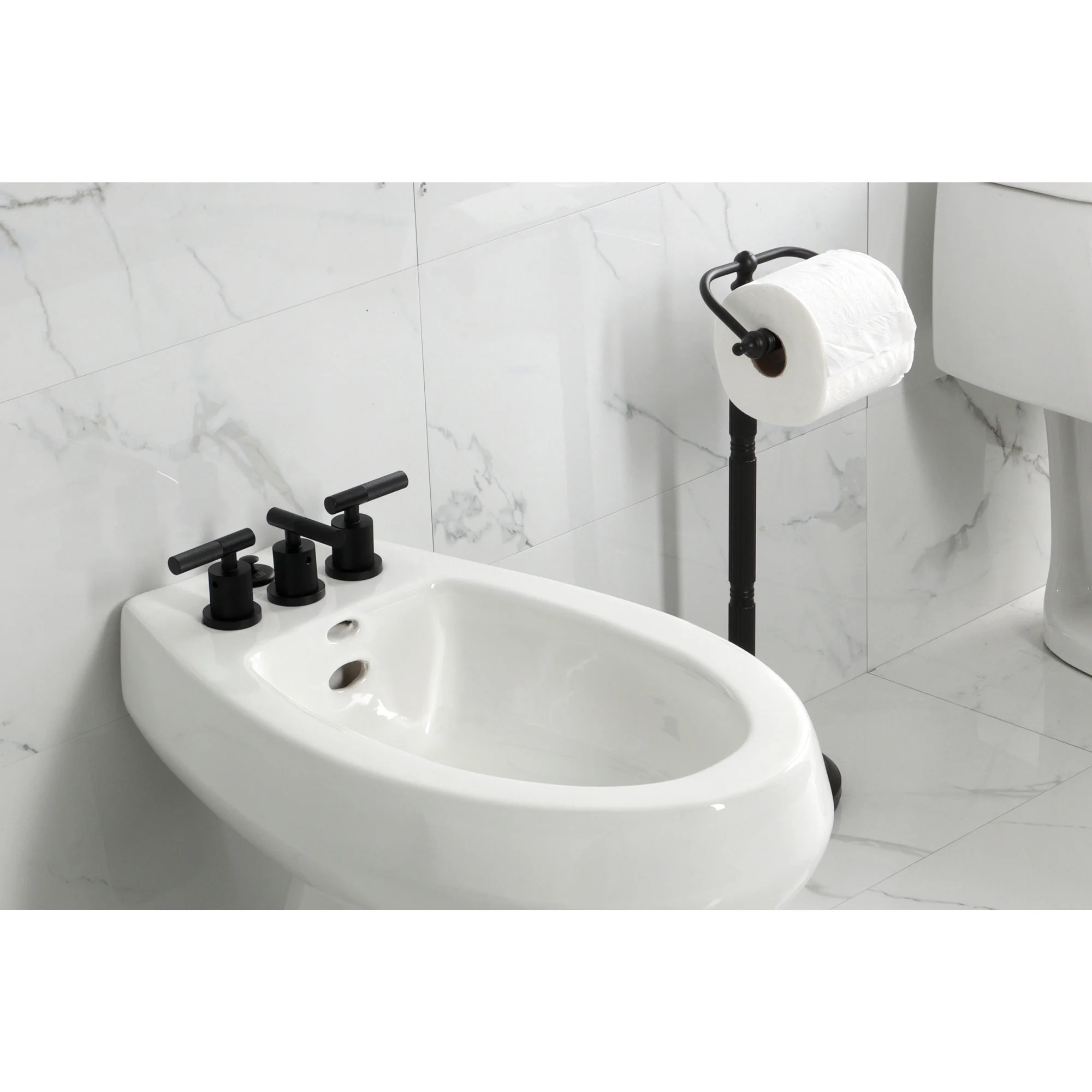 Kingston Brass KB6320KNL Convergent Three-Handle Bidet Faucet with Knurled Handle and Brass Pop-Up, Matte Black