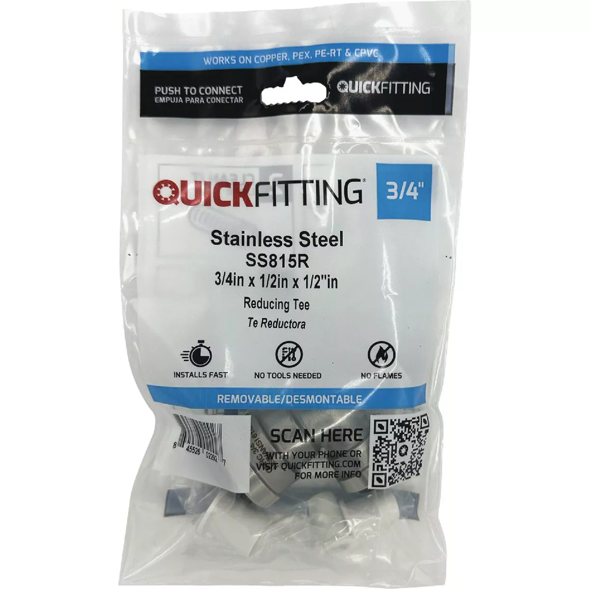 QuickFitting 3/4 In. x 1/2 In. x 1/2 In. Push-to-Connect Stainless Steel Reducing Tee