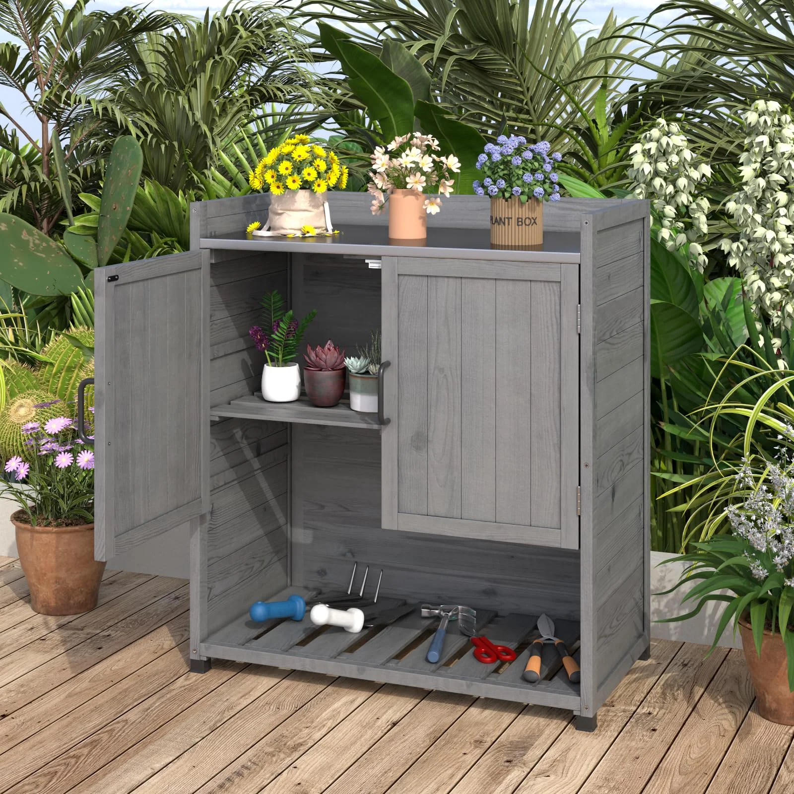 YODOLLA Potting Bench, Wooden Outdoor Storage Cabinet with Adjustable Shelf, Patio Storage with Metal Tabletop, Potting Table for Garden, Patio and Lawns, Gray