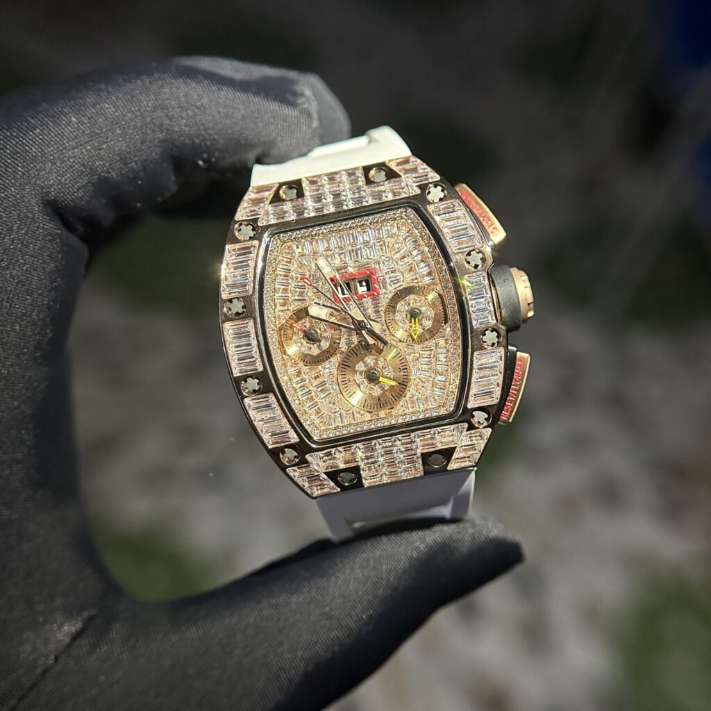 Richard Mille Replica 1:1 Watch RM011 With Full Diamond Rubber Strap 44mm - Elite Watch Atelier