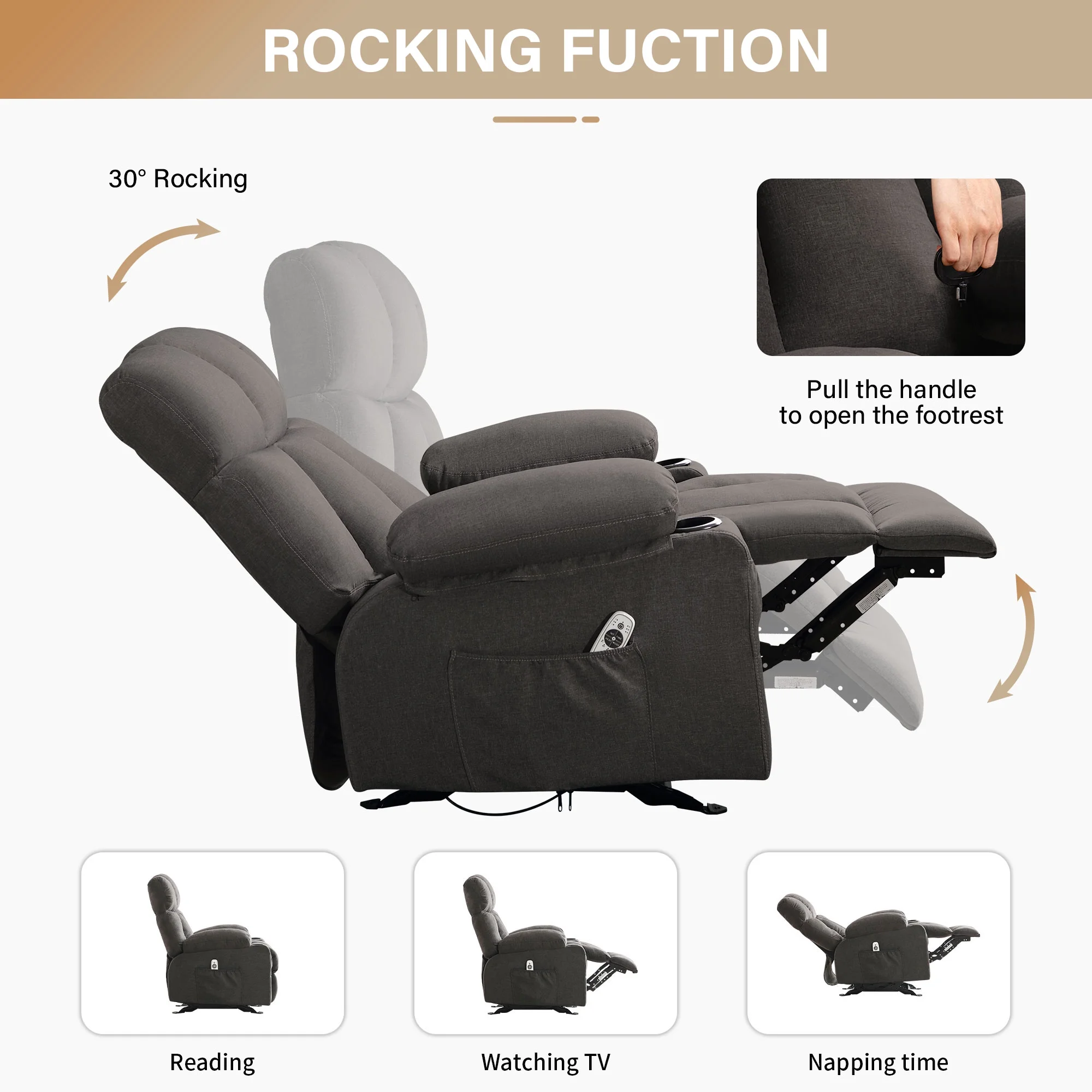 JONPONY Manual Recliner Chair with Heat Therapy and Massage Function, Heavy Duty Reclining Mechanism Massage Chair, Elderly Single Rocker Sofa with Cup Holders for Bedroom Home Theater,Grey - Image 91