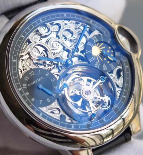 Replica Cartier Ballon Bleu Skeleton Tourbillon Black Dial Black Leather Strap - Top club
