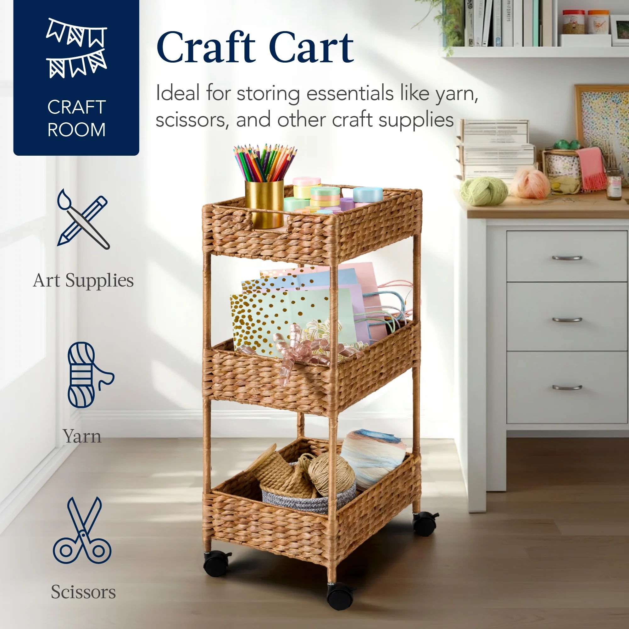 Best Choice Products 3-Tier Water Hyacinth Rolling Nursery Caddy w/ Wheels, Utility Cart, Storage Organization - Natural - Image 15